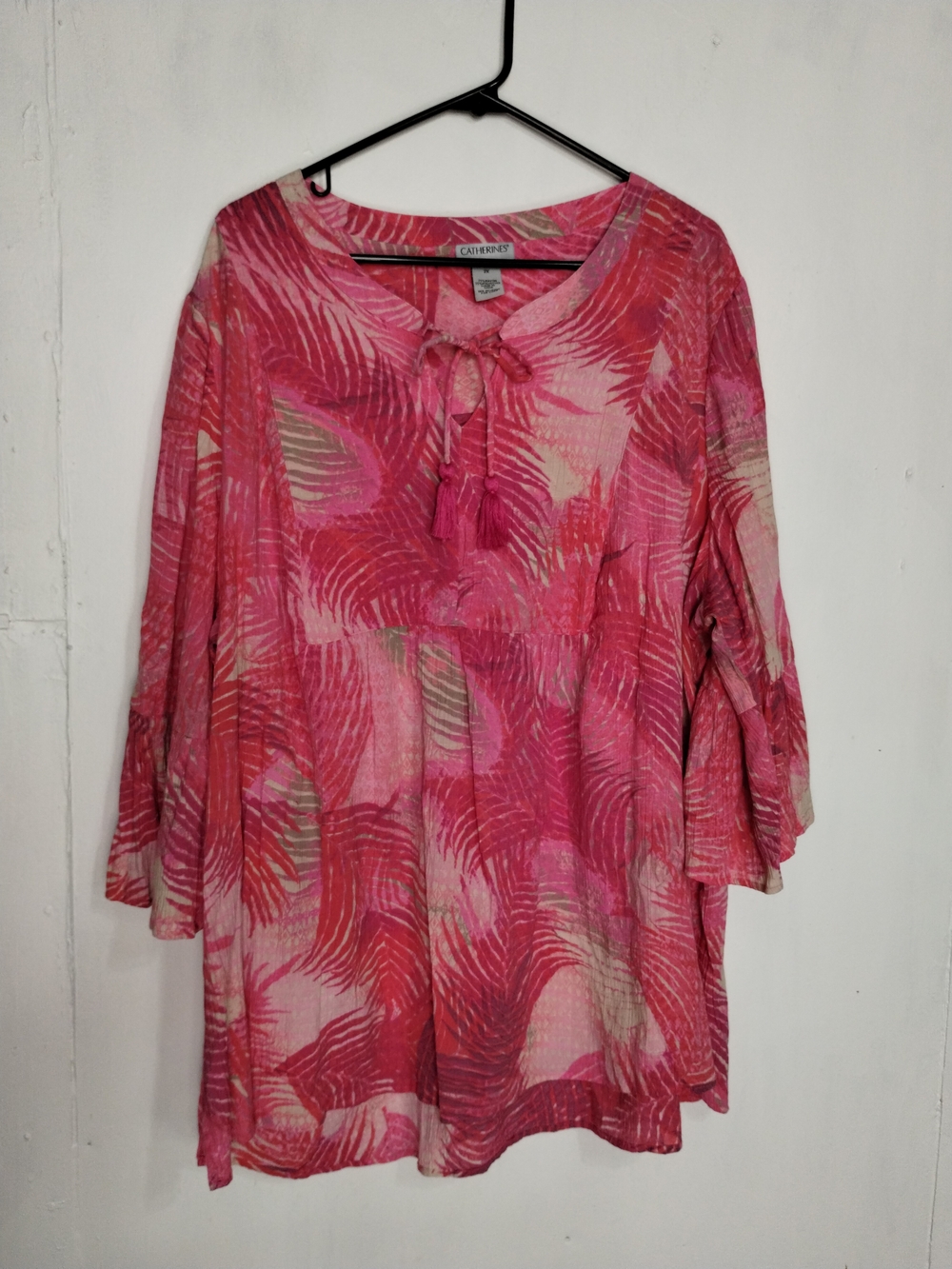 Catherines Pink Tropical-Leaf Tie-Neck Tunic